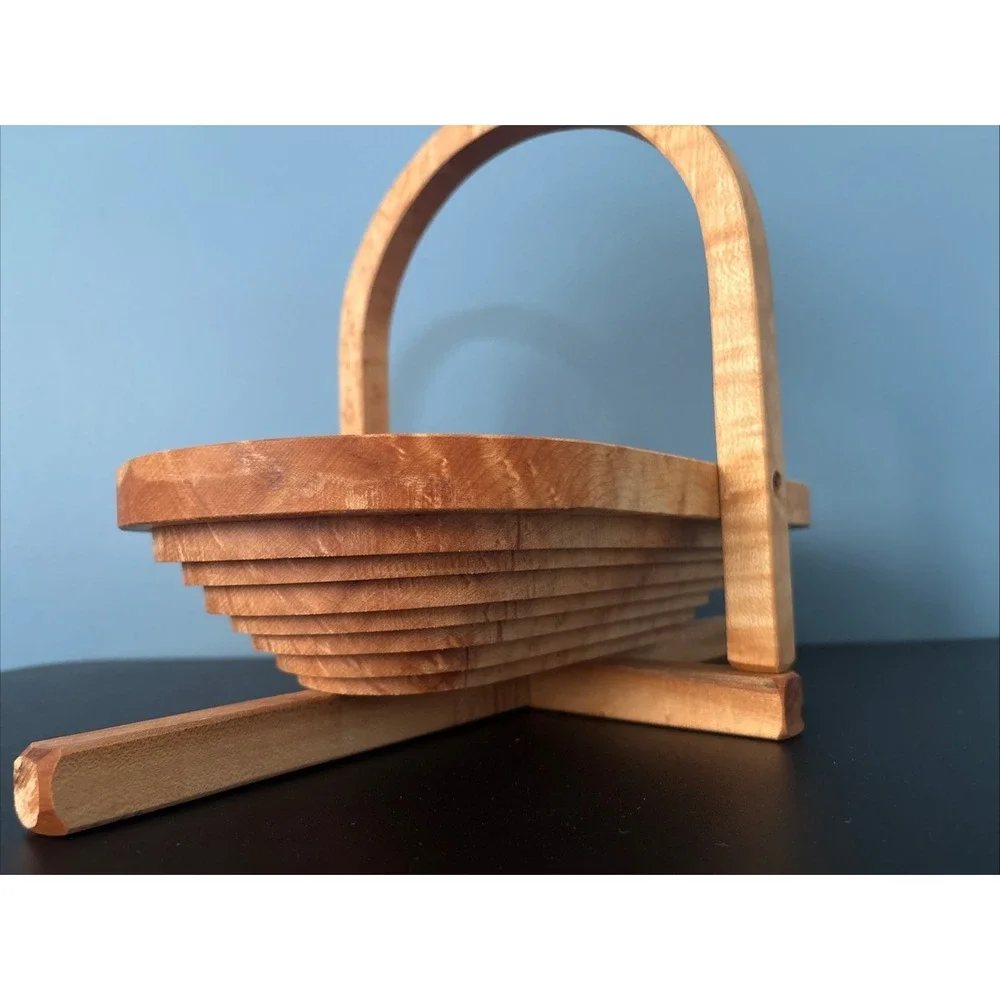Collapsible Wooden Basket Oval Bowl Trivet Handcrafted 15